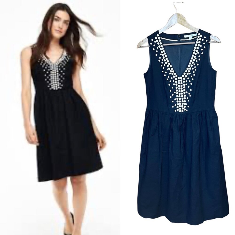 Boden‎ Blue Sleeveless Beaded V-Neck A-Line Dress Size US 8L UK 12L